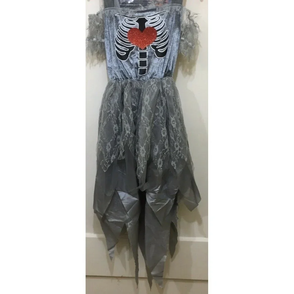 Ghost Bride Halloween Costume Girls M Spooky Skeleton Heart Dress Gothic Cosplay